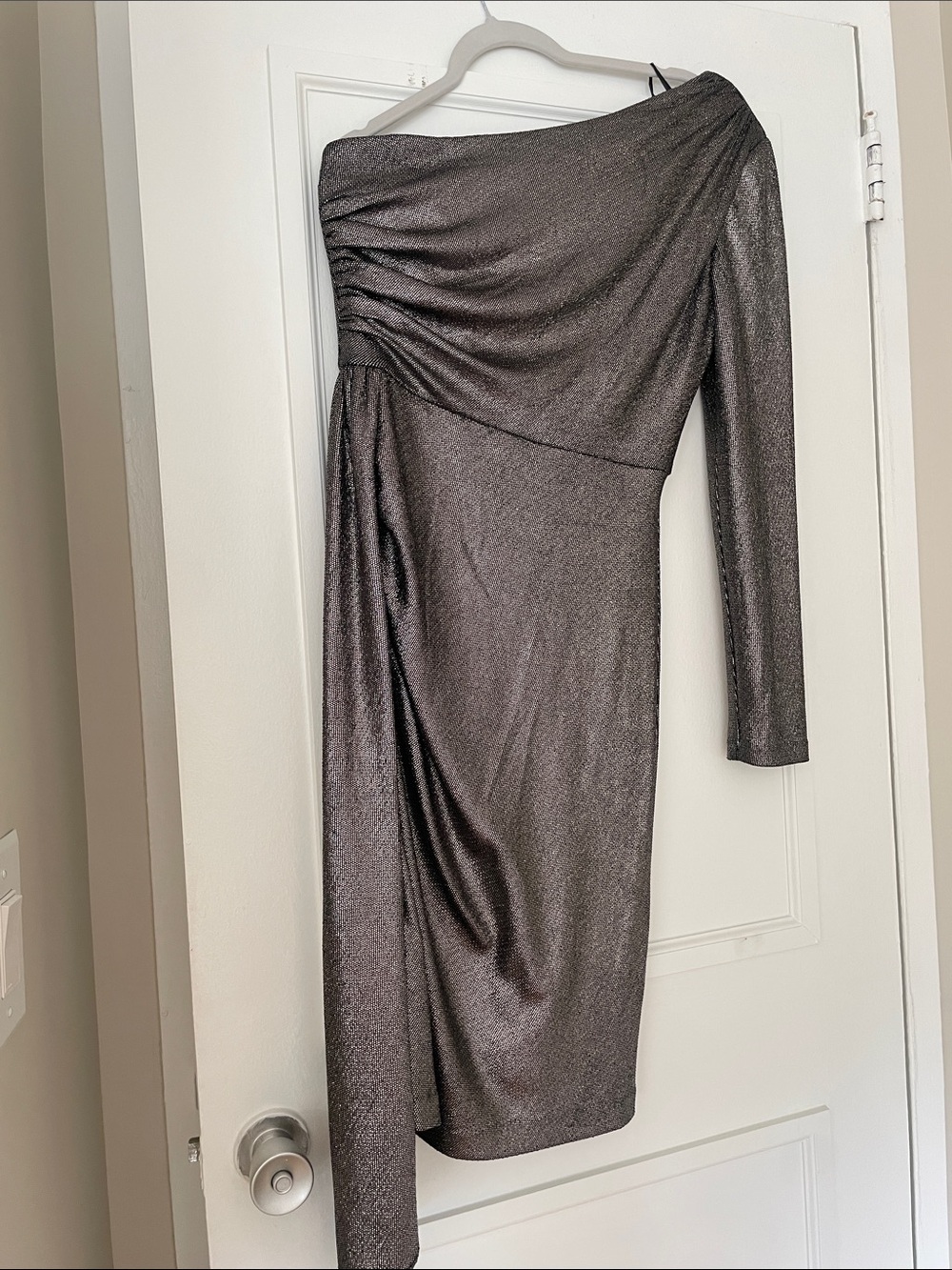 Vince Camuto One-Shoulder Shimmering Charcoal Dress